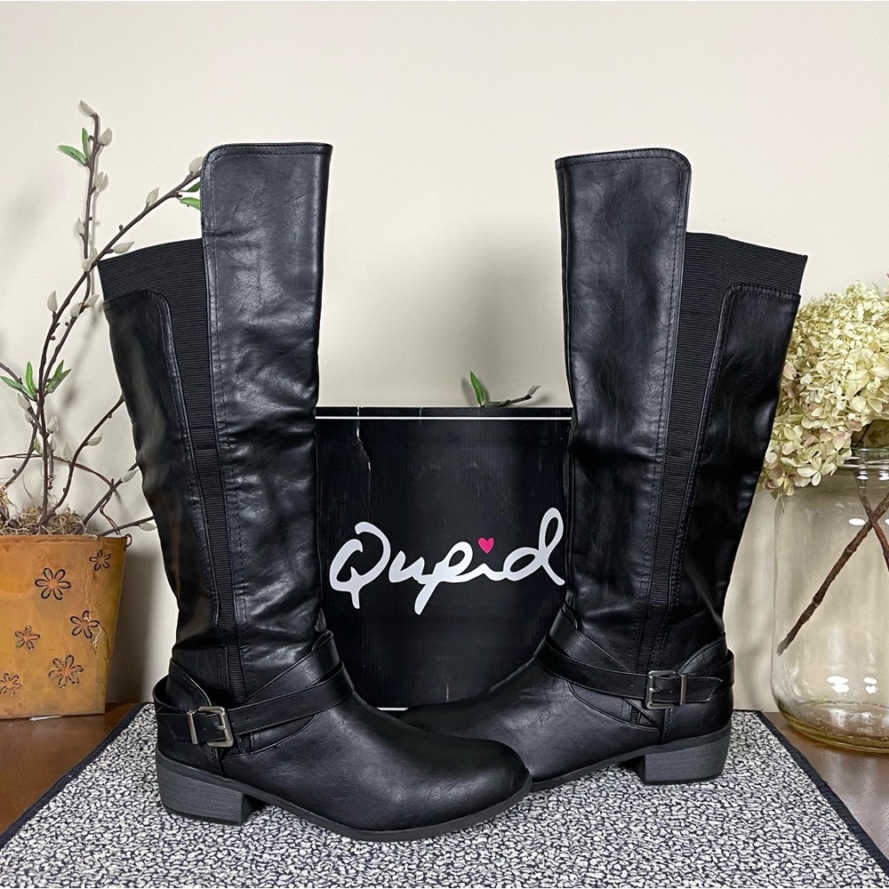 NIB Qupid Static-18 Elevated Vamp Knee-high Strappy Buckle Side Gore Riding Boot